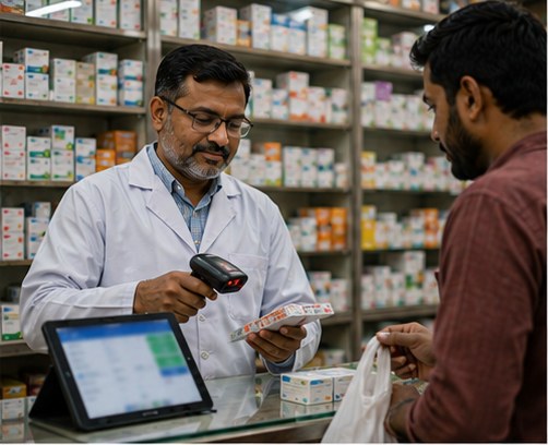 A pharmacist scanning a medicine at the counter