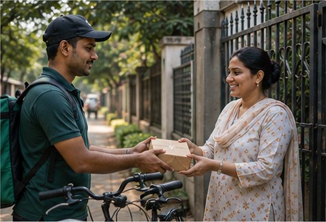 A rider delivering medicine to a customer's gate