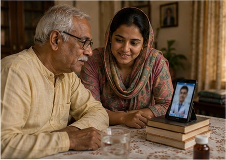 An elderly patient on a video consultation with family helping