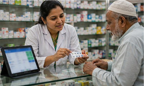 A pharmacist explaining a medicine to an elderly customer