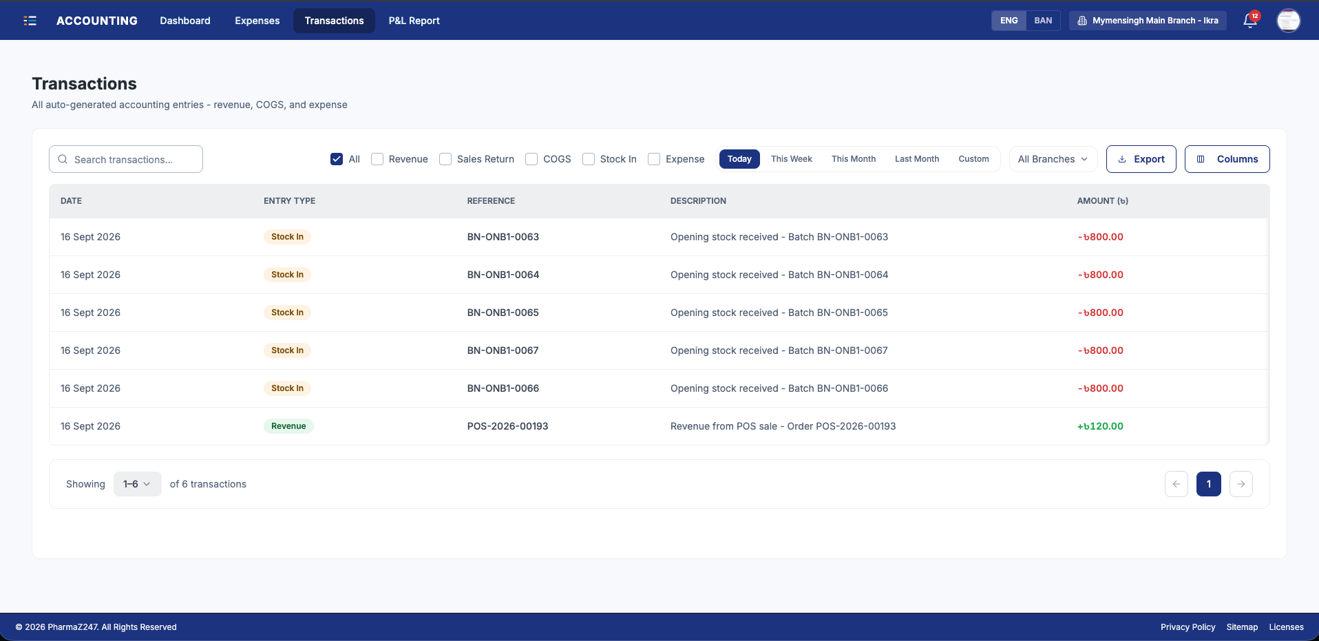 Today's auto-generated entries: revenue, COGS, stock in and expense