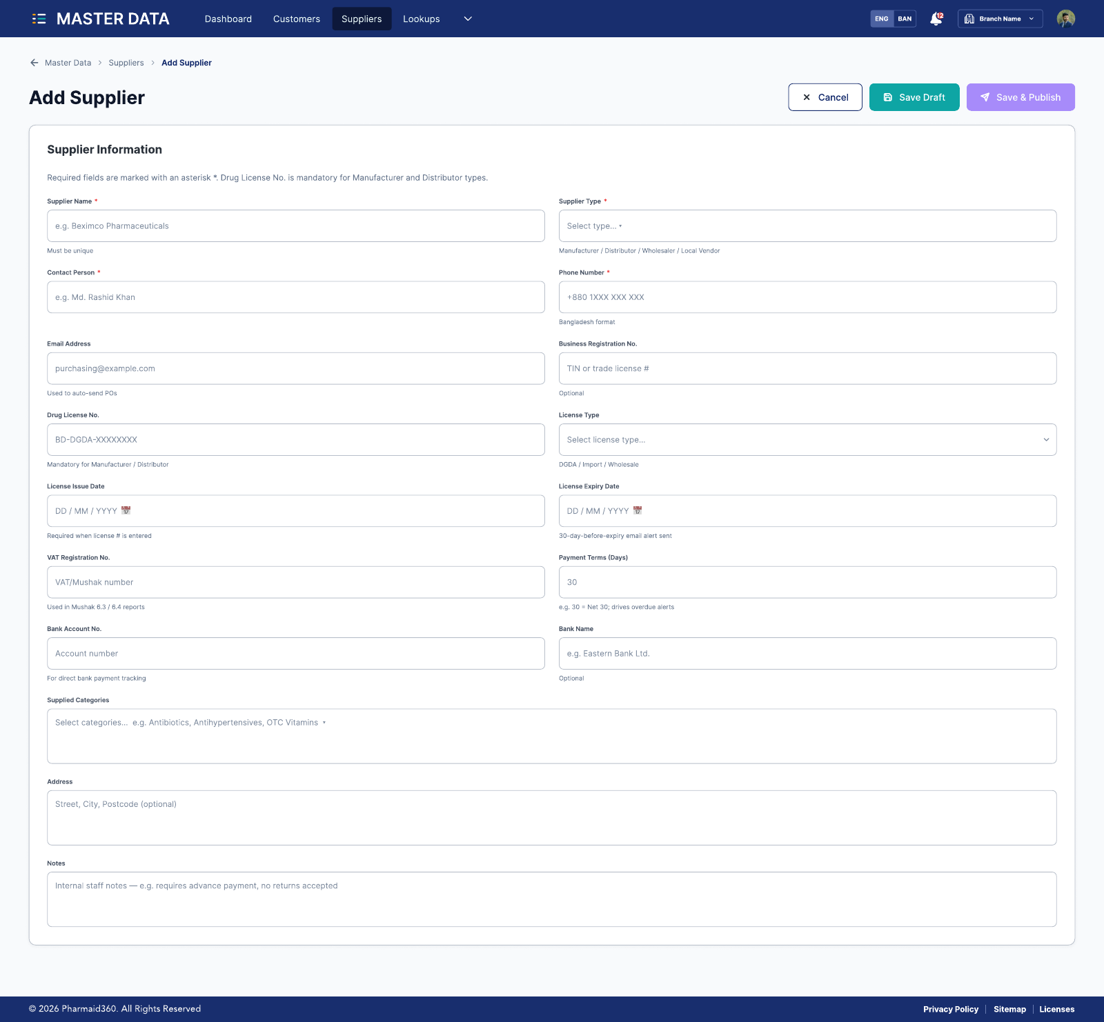 Adding a supplier with licence details