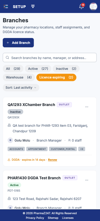 Branches on a phone, filtered to the licences that are expiring