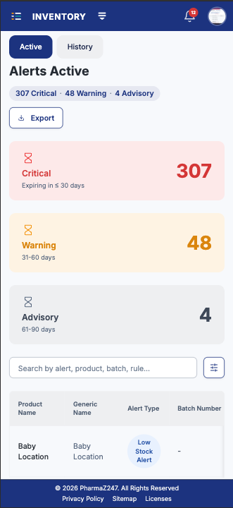 Expiry alerts on a phone, split into critical, warning and advisory