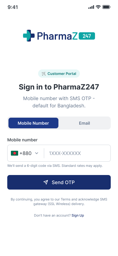 Signing in to the customer portal with a phone number and an SMS code