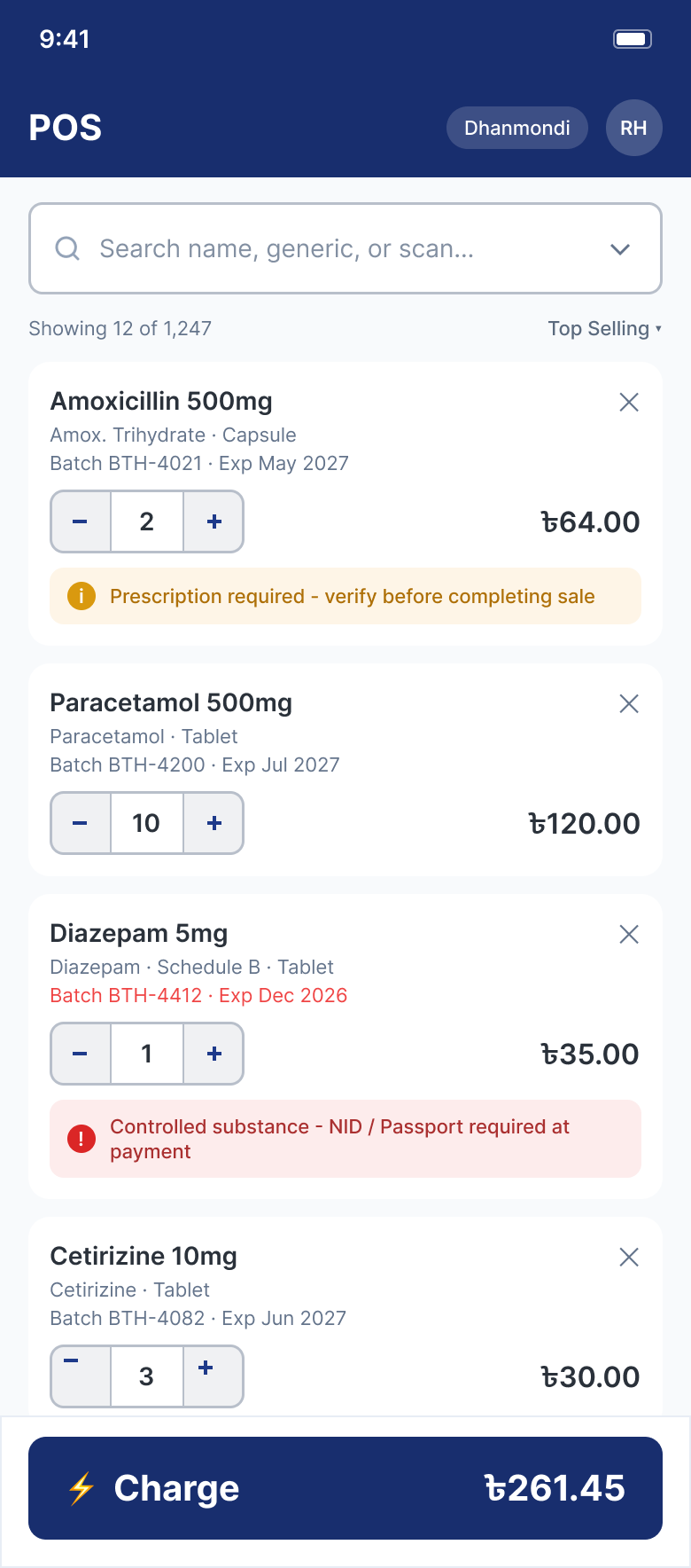 Medicines and everyday items together in one basket, with the total to charge
