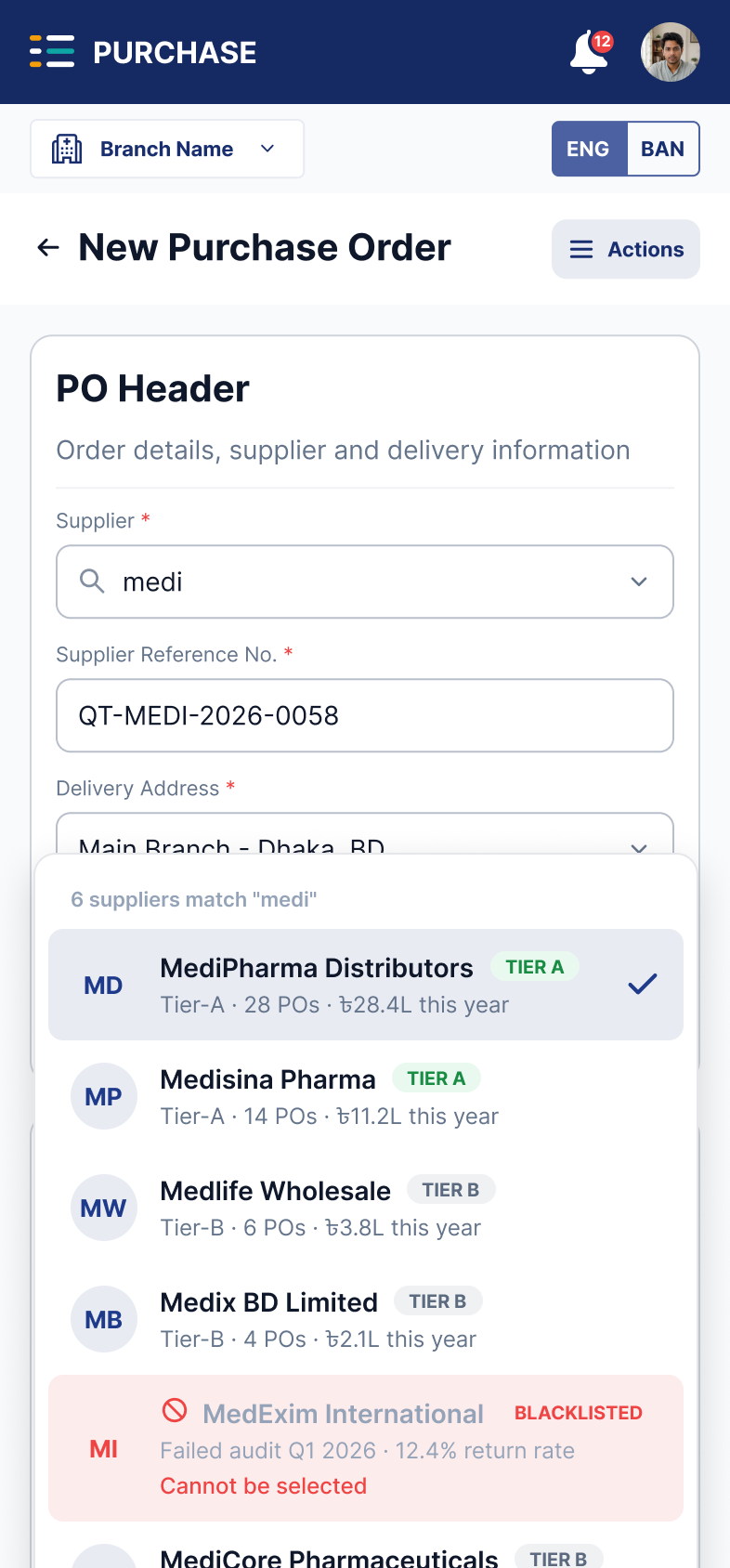 Starting a purchase order on a phone, picking a supplier by tier and history
