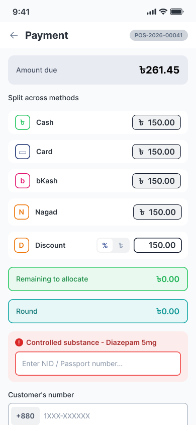 A payment split across cash, card, bKash and Nagad in the customer app
