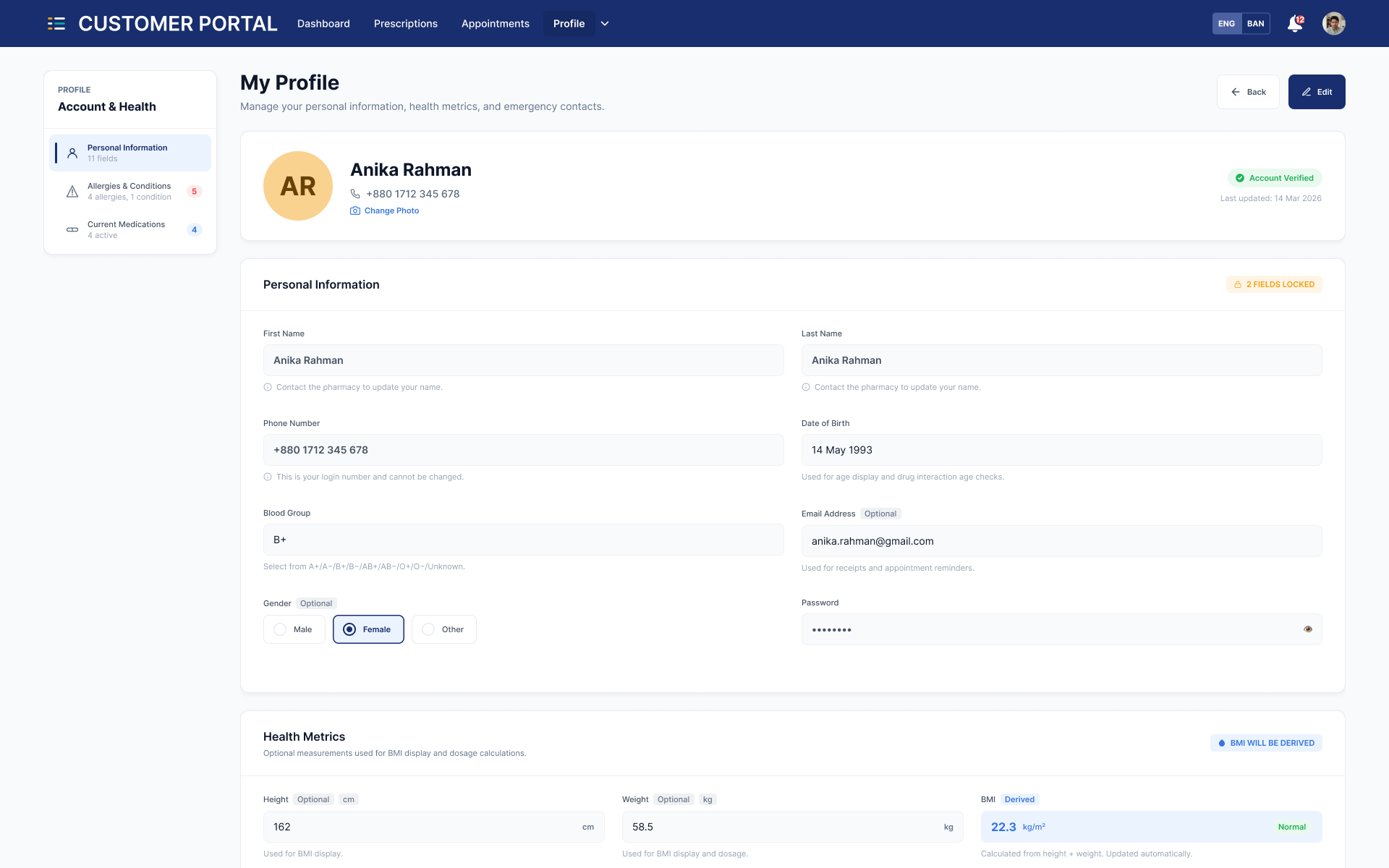 A customer editing their profile in the patient portal
