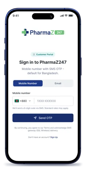 Signing in to the PharmaZ247 customer portal on a phone