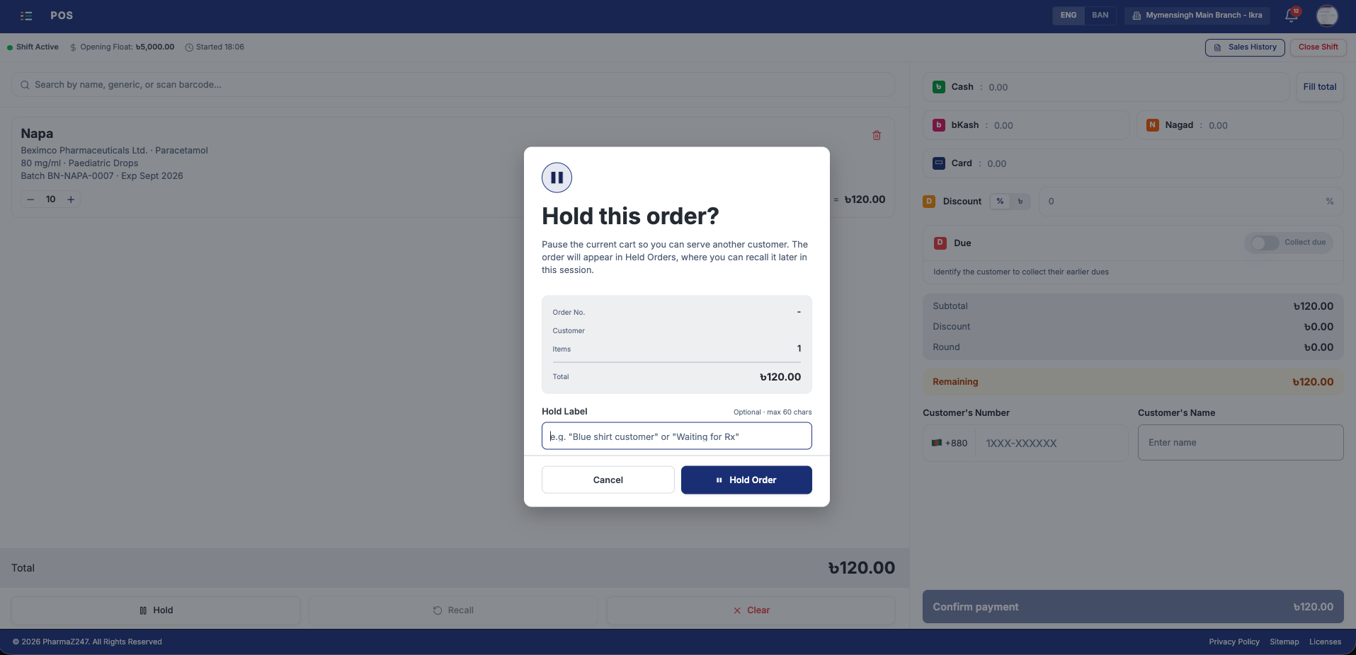 The hold-order dialog: pausing a cart to serve another customer