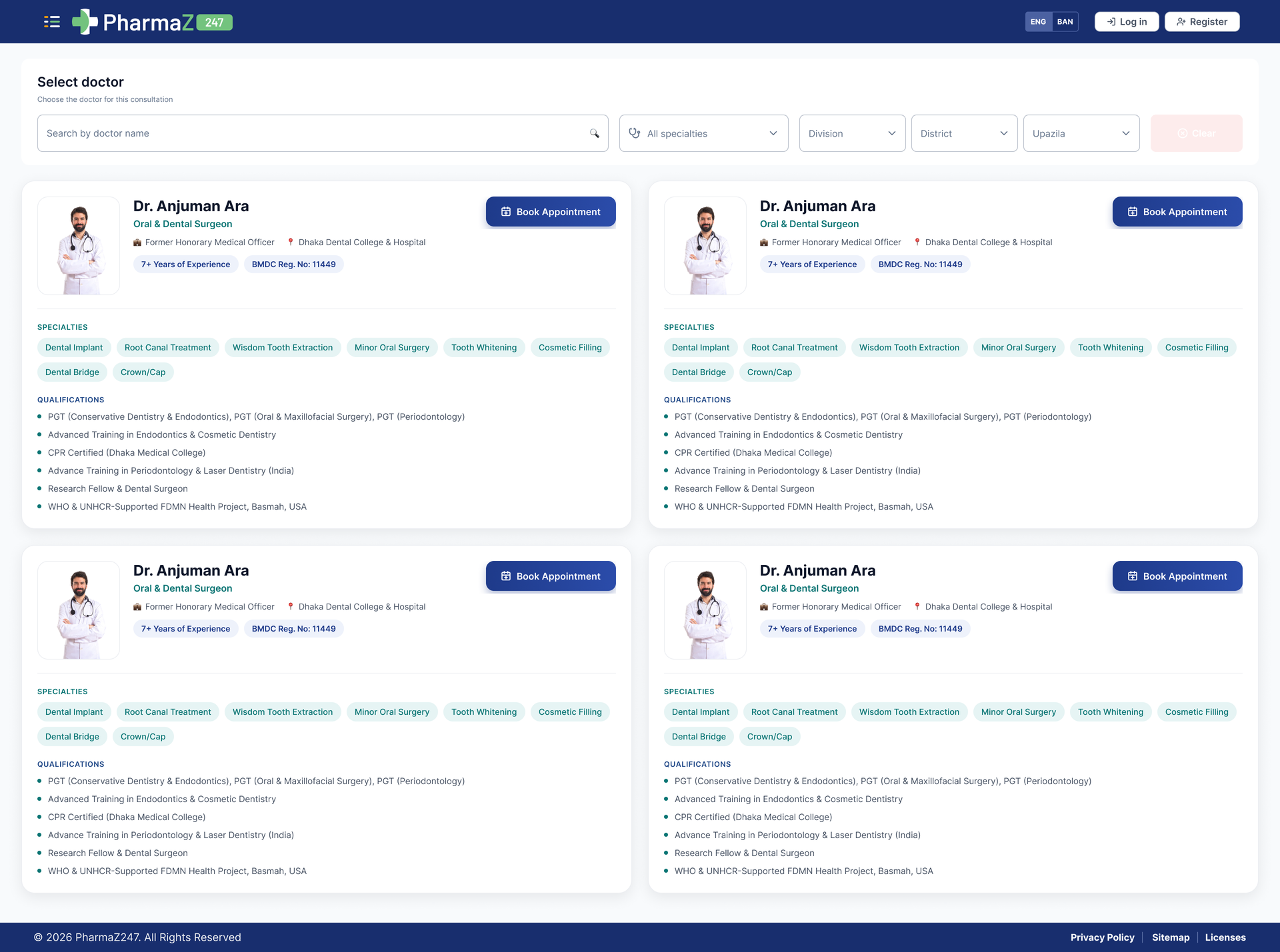 Choosing a doctor for the consultation, filtered by specialty and location